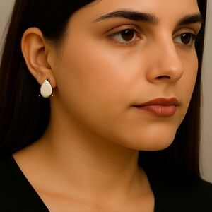 2/$30 Women Gold White Teardrop Stone Stud Earrings, 0.35" -  Fashion Jewelry